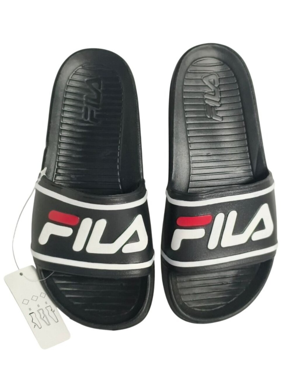 Fila Women 6 Slides Black White Logo Sandals Athletic Sporty Outdoor Streetwear